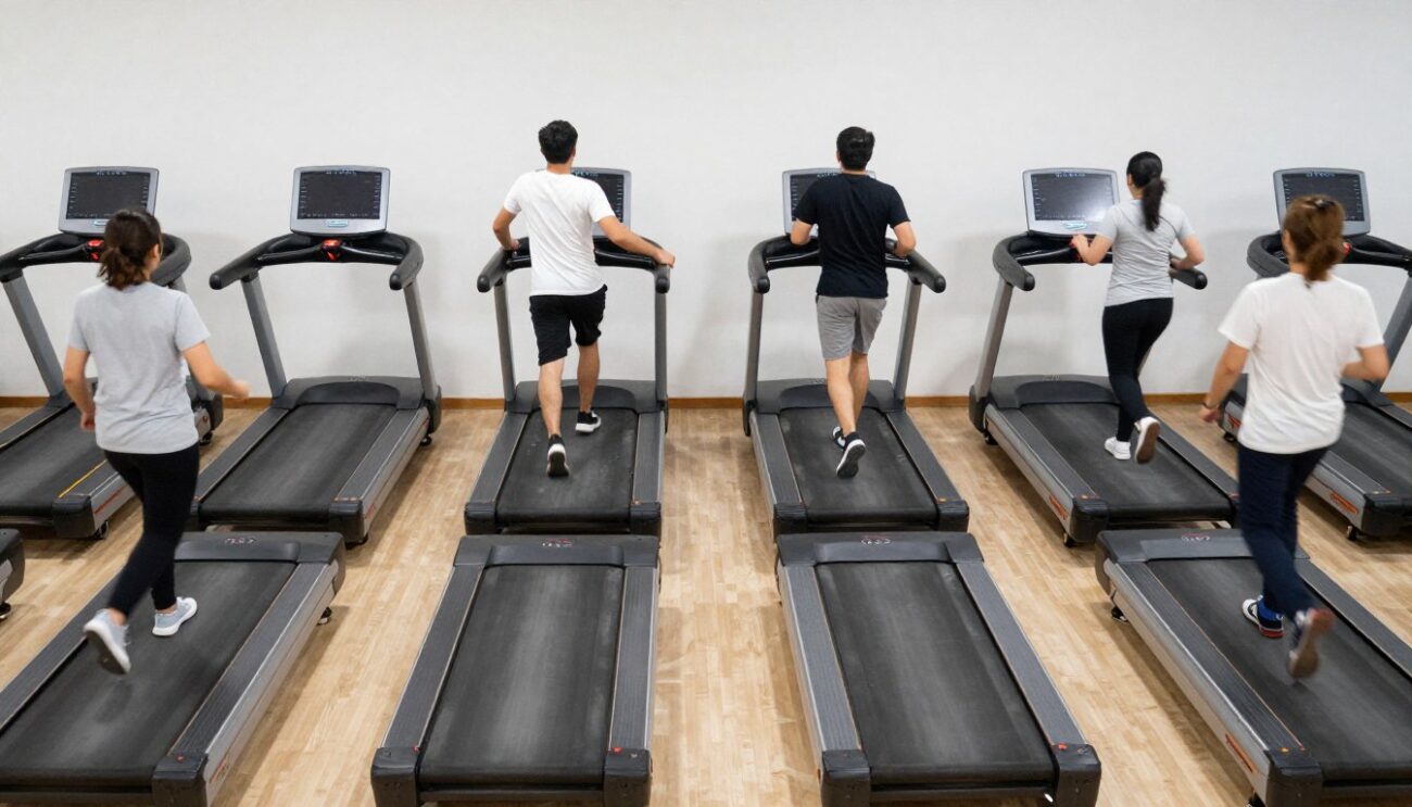 OK Go band members performing synchronized dance routine on treadmills in their iconic music video