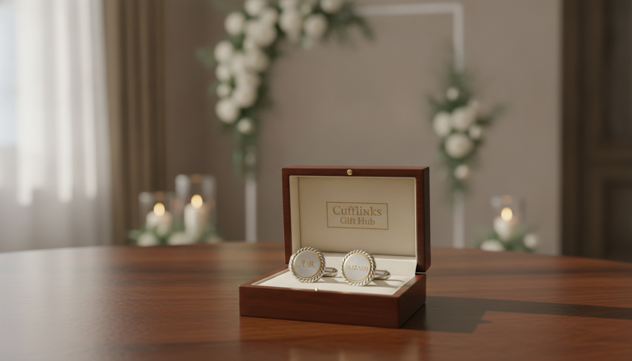 Personalized groom cufflinks showcased elegantly on a polished wooden surface, reflecting intricate engravings of initials "A.B." and a couple's wedding date. The cufflinks have a classic, sophisticated design, featuring a blend of silver and gold tones that exude luxury. In the foreground, soft natural lighting highlights the cufflinks, creating gentle reflections that enhance the craftsmanship. The middle area includes a stylish cufflink box from "Cufflinks Gift Hub," with a smooth fabric lining that complements the cufflinks. A blurred, soft-focus background of a serene wedding setting, with delicate floral arrangements and warm tones, imbues the image with romance and intimacy, perfect for the theme of customized cufflinks adding a personal touch. The overall atmosphere is refined and inviting, capturing the essence of luxury grooming accessories.