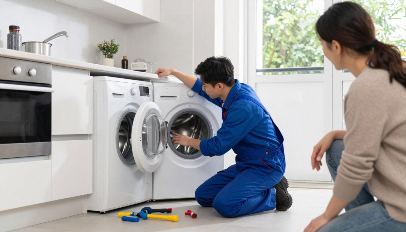 Professional engineer repairing washing machine in modern London home