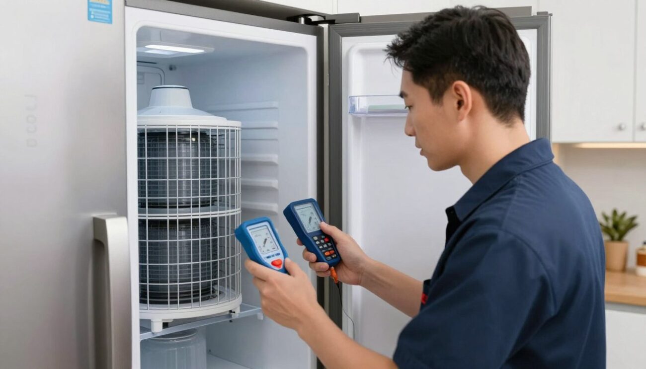 Refrigerator repair engineer checking temperature controls in London kitchen