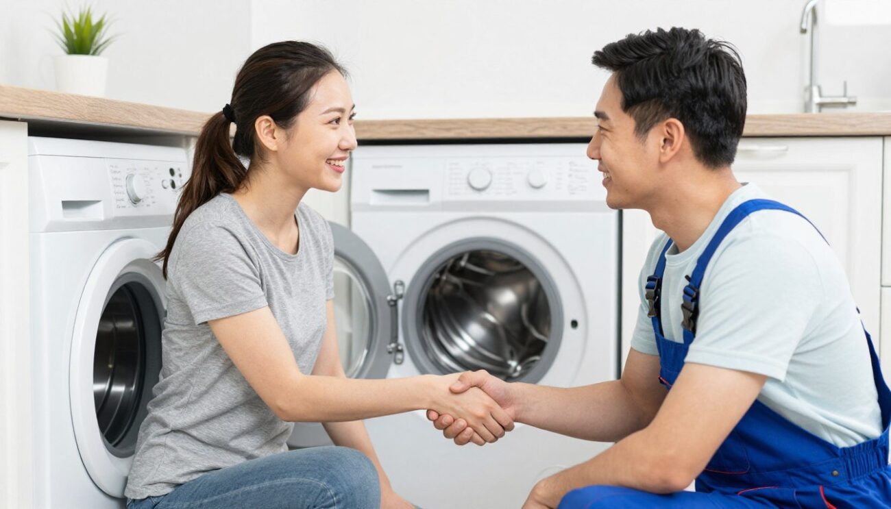 Satisfied customer shaking hands with repair engineer after successful appliance fix
