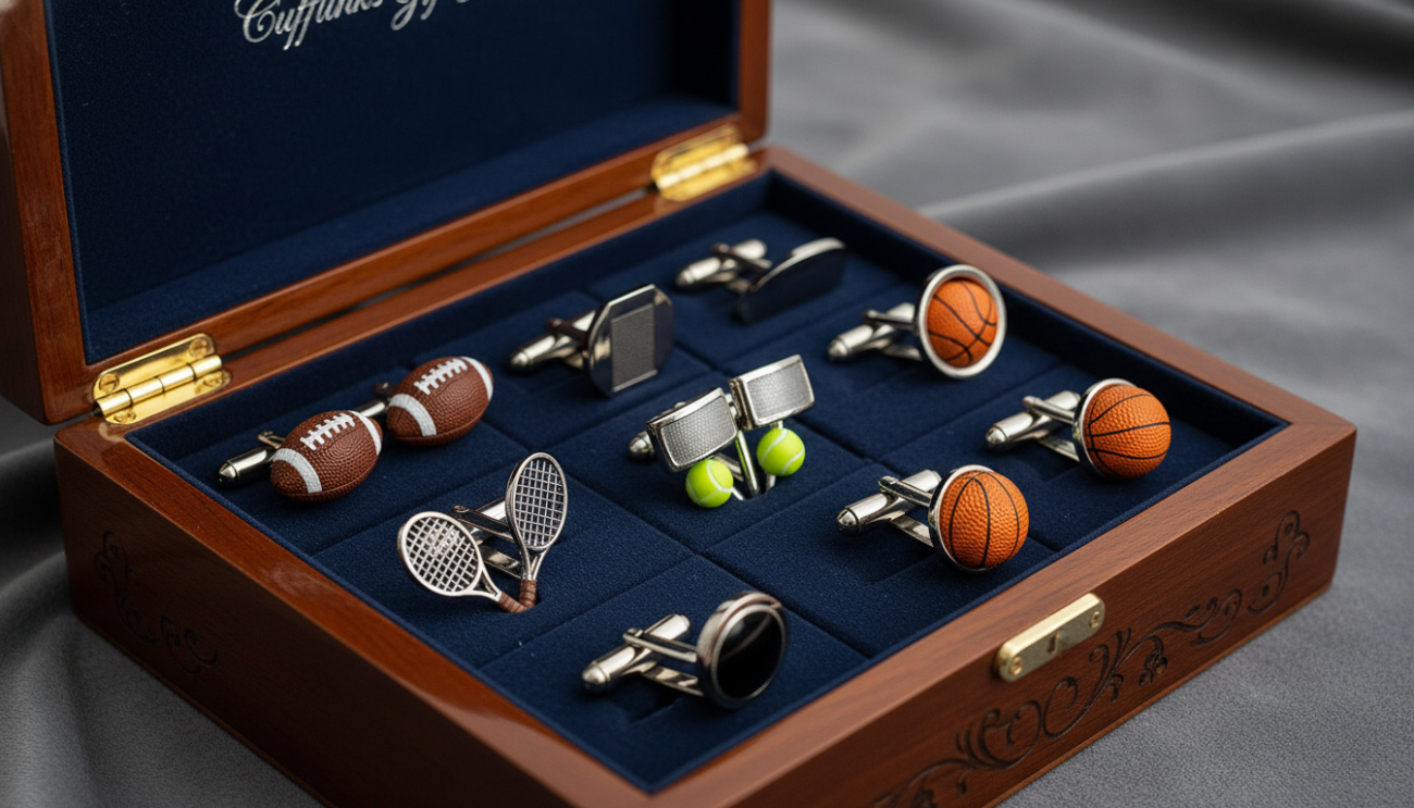 Sport cufflinks elegantly displayed in a close-up shot, featuring a variety of designs such as footballs, tennis rackets, and basketballs. The foreground showcases a polished wooden presentation box open to reveal the cufflinks, with intricate detailing and a luxurious finish. The middle includes a blurred out soft fabric background that subtly suggests sophistication and elegance. Warm, soft lighting enhances the metallic shine of the cufflinks, creating an inviting and confident atmosphere. The angle is slightly tilted, emphasizing the cufflinks' details while showcasing the craftsmanship. Include the brand name "Cufflinks Gift Hub" subtly on the box. The overall mood conveys an ideal gift for stylish sports enthusiasts, perfect for every occasion, maintaining a professional and refined look.