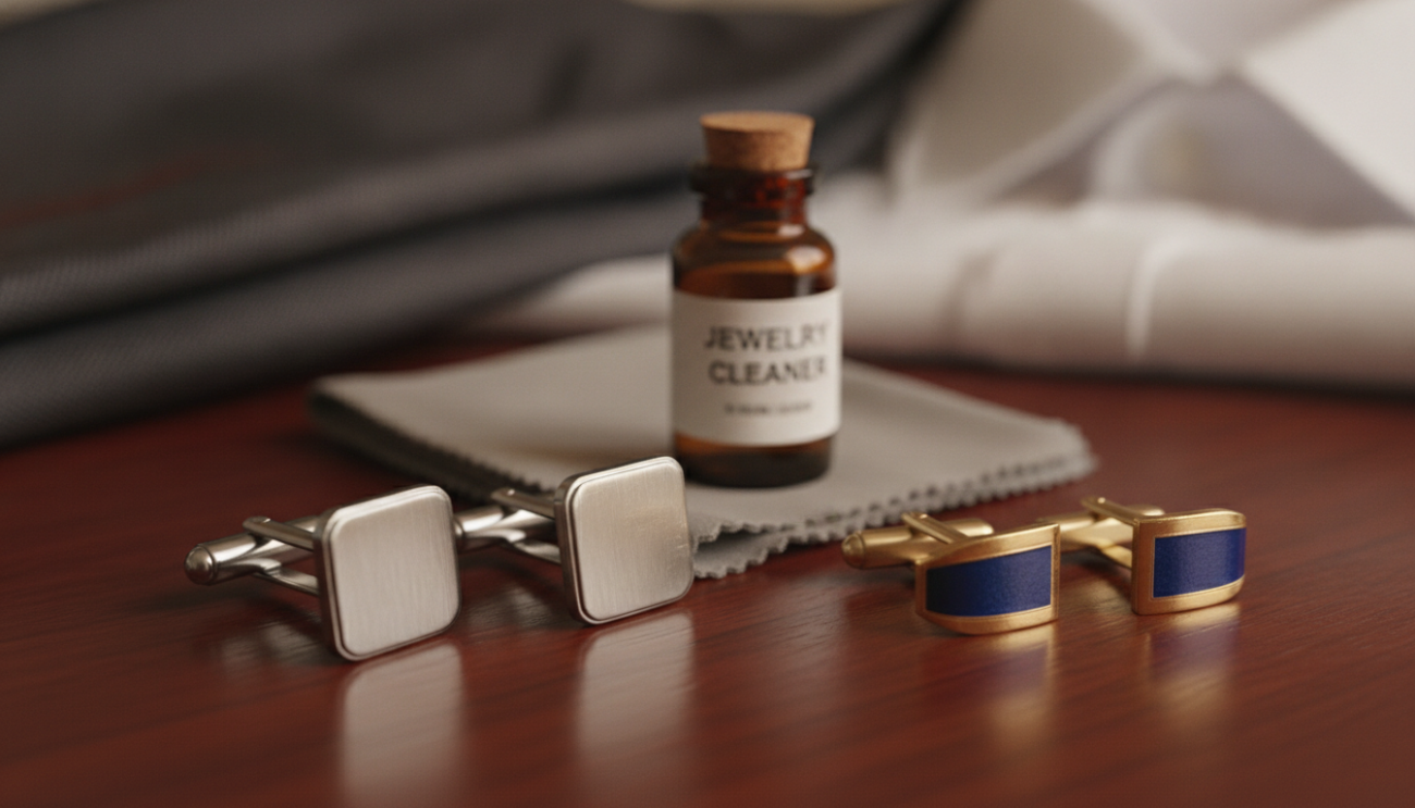 A beautifully arranged close-up shot of bullet back and whale back cufflinks on a polished wooden surface. In the foreground, the bullet back cufflinks are showcased with their distinctive spring mechanism, gleaming under soft, warm lighting, highlighting their intricate design and metallic sheen. The whale back cufflinks, placed beside them, exhibit their unique hinge mechanism, crafted with rich, textured material. The middle ground features a delicate cleaning cloth and a small bottle of jewelry cleaner, suggesting care and maintenance. The background is softly blurred, evoking a subtle elegance with hints of blurred suit fabric, creating a sophisticated atmosphere. The overall mood is refined and professional, ideal for showcasing the art of cufflink care.