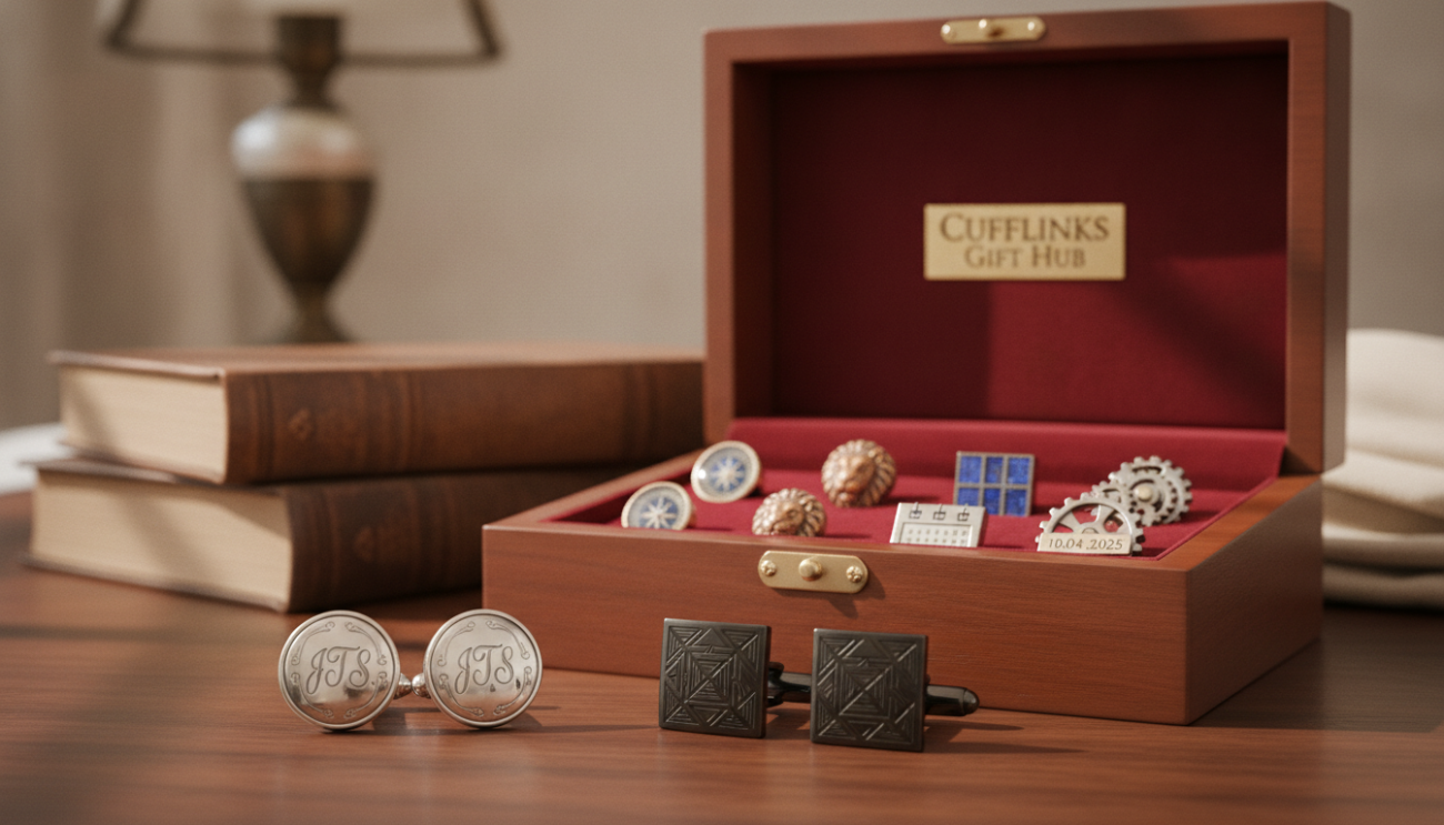 A beautifully arranged display of customized cufflinks showcasing intricate designs and personalized engravings. In the foreground, a close-up of two pairs of cufflinks, one with a classic monogram and the other featuring a unique geometric pattern, glistening under soft, diffused lighting. The middle ground features a luxurious wooden box, slightly ajar, revealing additional cufflink sets nestled in velvet compartments. The background is softly blurred, suggesting an elegant setting with warm tones, ensuring the focus remains on the cufflinks. The overall mood is sophisticated and inviting, perfect for gifting. The brand "Cufflinks Gift Hub" is subtly represented through the elegant designs displayed. This composition captures the essence of timeless elegance and the art of gifting personalized cufflinks.