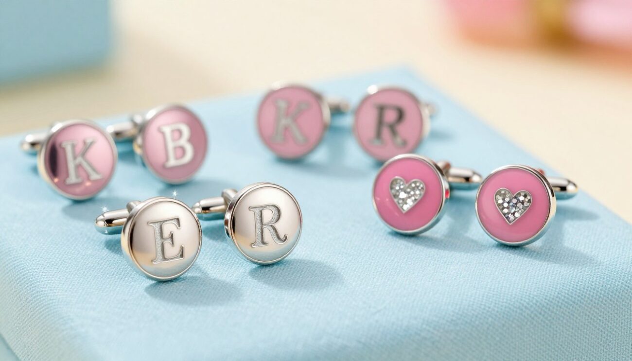 A beautifully arranged display of personalized cufflinks designed for both boys and girls, showcasing a variety of styles and colors. The foreground features a pair of boys' cufflinks crafted in polished silver and adorned with initials, next to a pair of girls' cufflinks in vibrant pink enamel, sparkling with a small heart design. In the middle ground, a soft fabric background in pastel blue enhances the colors of the cufflinks, while gentle lighting accentuates their reflective surfaces. The background is blurred, suggesting a warm, inviting atmosphere that draws attention to the cufflinks. A hint of light sparkles across the cufflinks, creating a charming, whimsical mood perfect for a children's gift feature. The angle is slightly above, focusing directly on the cufflinks to highlight their detail and craftsmanship.