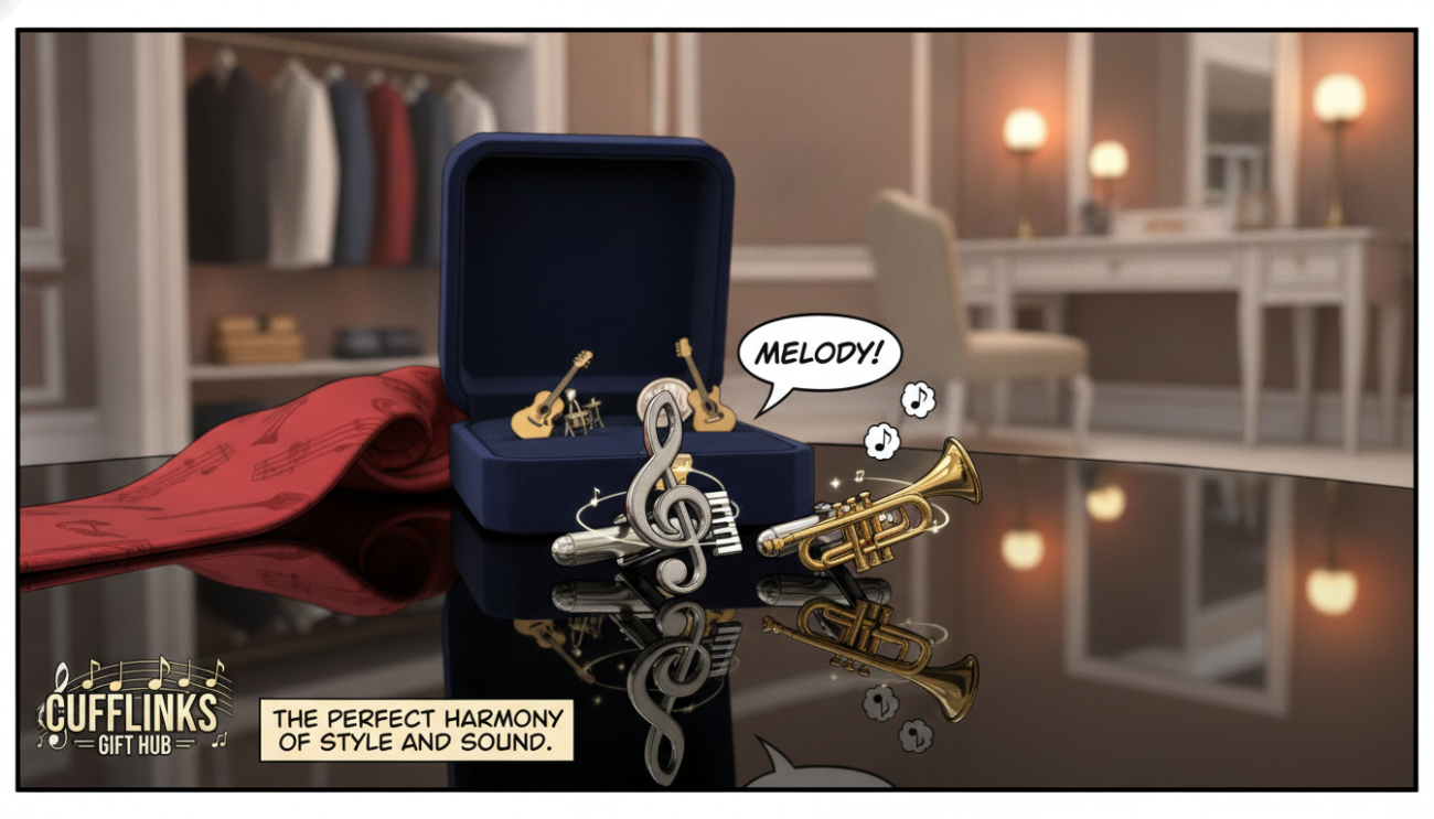A beautifully arranged display of premium music-themed cufflinks, crafted in elegant silver and gold tones, showcasing intricate designs of musical notes and instruments. The foreground features a polished, reflective surface highlighting the cufflinks, with a pair of luxurious cufflinks placed prominently in the center. In the middle ground, soft-focus elements include an elegant velvet jewelry box partially open, revealing more cufflinks inside, and a stylish silk tie, suggesting sophistication. The background features a softly blurred, upscale setting like a designer dressing room, with warm ambient lighting casting gentle shadows, creating an inviting atmosphere. A touch of glamour and refinement permeates the scene, emphasizing the elegance of the gift from "Cufflinks Gift Hub," perfect for the music enthusiast. Capture this image using a shallow depth of field and a soft focus to enhance the overall luxury feel.