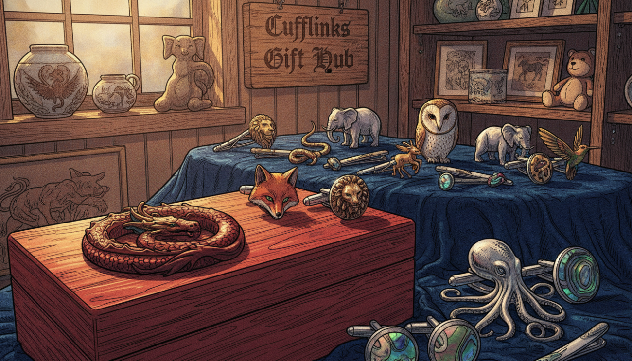 A beautifully arranged display of unusual animal-themed gifts showcasing premium craftsmanship, including intricately designed cufflinks shaped like various exotic animals, such as a fox, owl, and octopus. In the foreground, a close-up of a handcrafted wooden box featuring a detailed animal carving is presented, highlighting rich colors and textures. The middle layer showcases a variety of animal-themed accessories such as lapel pins and tie clips, elegantly positioned on a textured fabric background. In the background, soft, diffused lighting illuminates a rustic setting with wooden shelves displaying more animal-themed items. The ambiance is warm and inviting, evoking a sense of creativity and uniqueness. The brand name "Cufflinks Gift Hub" subtly integrated into the scene without text overlays.