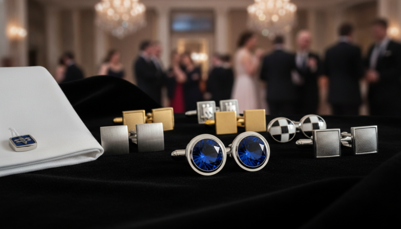 A beautifully arranged display of various formal event cufflink styles, showcasing classic designs such as satin silver, polished gold, and intricate enamel patterns. In the foreground, a pair of elegant cufflinks with a deep blue gemstone is highlighted, reflecting light and emphasizing its craftsmanship. In the middle, a selection of different cufflink styles lies on a luxurious black velvet cloth, surrounded by a tailored white dress shirt showcasing cuff detail. The background features a softly blurred elegant ballroom setting with soft, warm lighting, chandeliers sparkling in the distance, creating an atmosphere of sophistication and grandeur. The overall mood is refined and classy, suitable for formal occasions in the UK. Shot with a shallow depth of field to focus on the cufflinks, using soft diffused lighting to enhance their elegance.