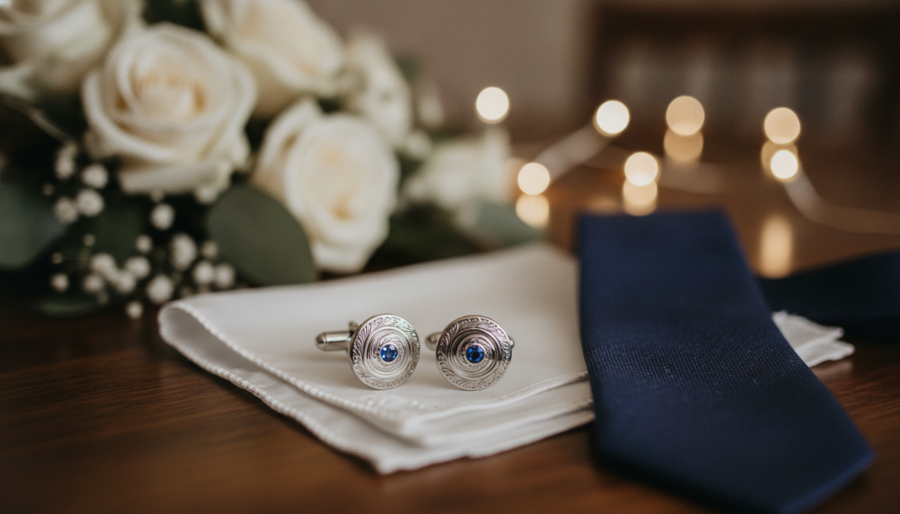 A beautifully arranged display of wedding accessories for the father of the bride, showcasing sophisticated cufflinks prominently in the foreground. The cufflinks, crafted from polished silver with intricate engraving and inlaid gemstones, reflect light elegantly. Surrounding the cufflinks are a tasteful white pocket square and a classic tie, set on a dark wooden surface that adds warmth. In the background, blurred out, are soft floral arrangements and subtle lighting that create an inviting atmosphere, suggesting a refined wedding setting. The focus is on the cufflinks, captured with a shallow depth of field to emphasize their craftsmanship. The image should convey a mood of elegance and nostalgia, highlighting the importance of these accessories in a wedding setting.