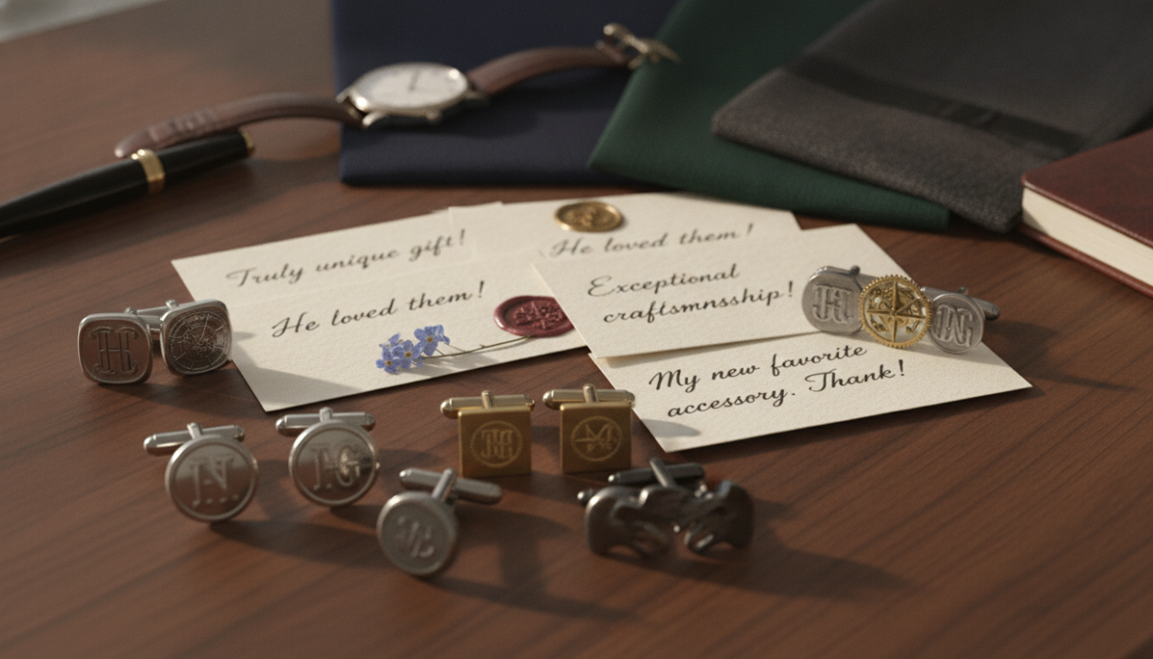 A beautifully arranged flat lay featuring personalized cufflinks in various designs, such as monogrammed styles and unique shapes, set against a wooden table background. The foreground presents a selection of cufflinks, glimmering elegantly under soft, natural lighting. In the middle, small notes or cards with handwritten reviews and recommendations from satisfied customers add a personal touch. The background is subtly blurred to emphasize the cufflinks and notes, with hints of fabric swatches and a stylish watch peeking through to suggest a context of luxury and refinement. The overall mood is warm, inviting, and sophisticated, perfect for showcasing quality gifts.