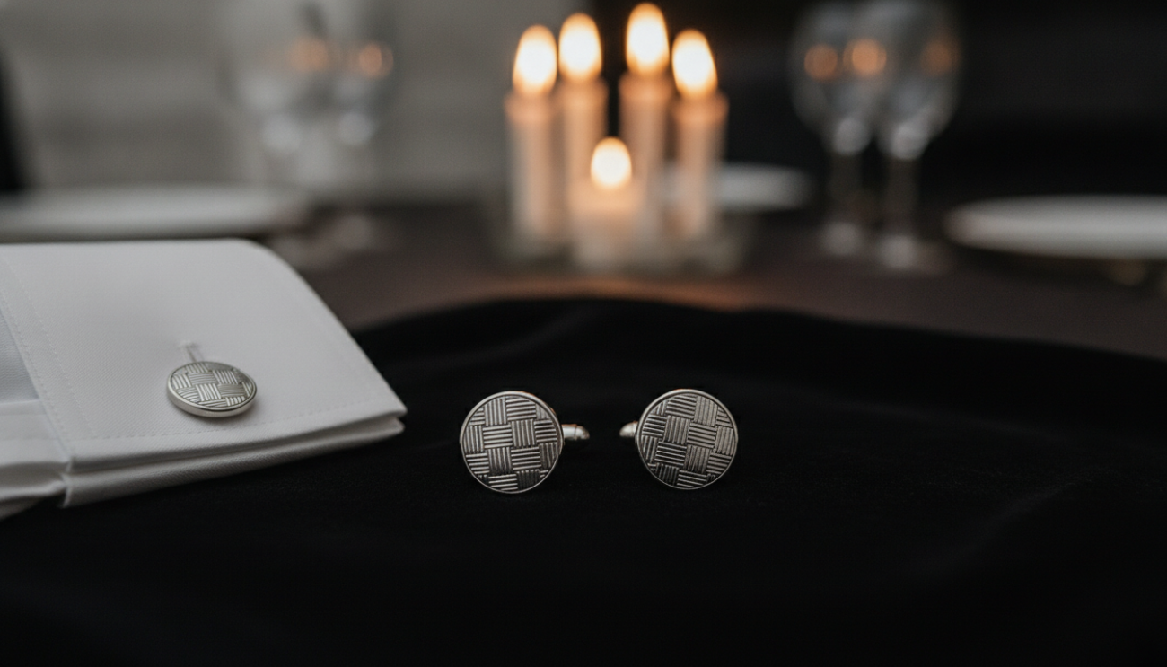 A beautifully arranged flat lay of elegant cufflinks designed for a formal black tie event. The foreground showcases a pair of sophisticated silver cufflinks with intricate geometric detailing, resting on a polished black velvet surface. In the middle, a classic white dress shirt with French cuffs is partially visible, emphasizing the cufflinks' style and versatility. The background features a softly blurred view of a luxurious dining setting, illuminated by gentle candlelight, creating a warm and refined atmosphere. The lighting is soft and diffused, enhancing the shine of the cufflinks. Capture the essence of classic elegance and impeccable style, ensuring a clear focus on the cufflinks while evoking a sense of sophistication and formal elegance.