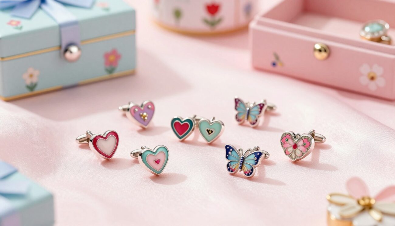 A beautifully arranged flat lay of elegant girls' cufflinks, showcasing a variety of designs, including hearts, butterflies, and floral patterns, crafted from polished silver and colorful enamel. The cufflinks are placed on a soft, pastel-colored silk fabric to enhance their delicacy, with a gentle light source casting soft shadows and highlighting their intricate details. In the background, a blurred collection of themed jewelry boxes and delicate accessories creates a whimsical, playful atmosphere. The image captures the essence of sophisticated yet charming children's accessories, evoking a sense of joy and elegance. Aim for a shallow depth of field to keep the focus on the cufflinks while maintaining a dreamy ambiance.