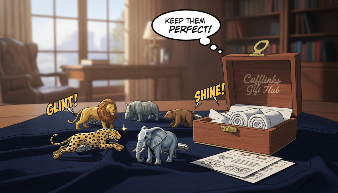 A beautifully arranged flat lay showcasing a variety of wild animal cufflinks made from polished metal and colorful enamel. The foreground features a pair of elegant cufflinks shaped like a leopard and an elephant, positioned on a soft, dark velvet cloth. In the middle, include a small wooden box labeled "Cufflinks Gift Hub," open to reveal cleaning cloths and a care guide. The background softly blurs with a hint of an elegant office setting, illuminated by warm, natural light coming through a window, creating a sophisticated atmosphere. The overall mood is refined and inviting, encouraging viewers to learn about caring for their stylish accessories.
