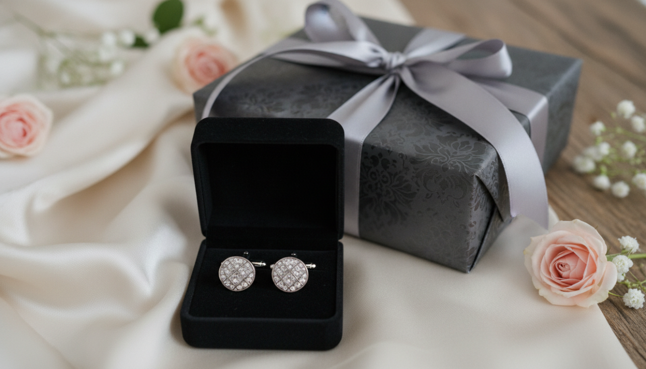 A beautifully arranged gift packaging concept for a pair of stylish cufflinks, set on a soft, elegant fabric backdrop. In the foreground, the cufflinks are prominently displayed in a luxurious, black velvet box, slightly open, showcasing their intricate design and shimmering finish. The middle layer features tasteful gift wrapping with an ornate ribbon tied in a precise bow, adding sophistication. In the background, a softly blurred wooden table enhances the warm, inviting atmosphere, with a hint of delicate floral arrangements that complement the theme of a wedding. Soft, natural lighting highlights the details of the cufflinks and the textures of the packaging, creating an aura of elegance and anticipation, perfect for a special occasion.