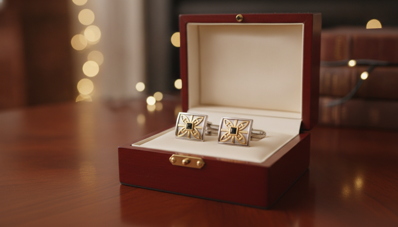 A beautifully arranged pair of elegant cufflinks displayed in a luxurious gift box, resting on a polished wooden surface. The cufflinks are intricately designed with a blend of silver and gold elements, featuring a classic pattern that reflects sophistication. In the background, soft, diffused lighting highlights the sheen of the cufflinks, creating a warm and inviting atmosphere. A subtle bokeh effect adds depth to the scene, drawing attention to the cufflinks as the focal point. The image captures a sense of refined style and elegance, making it the perfect representation of a thoughtful gift that adds a touch of sophistication to any outfit. No human subjects included.