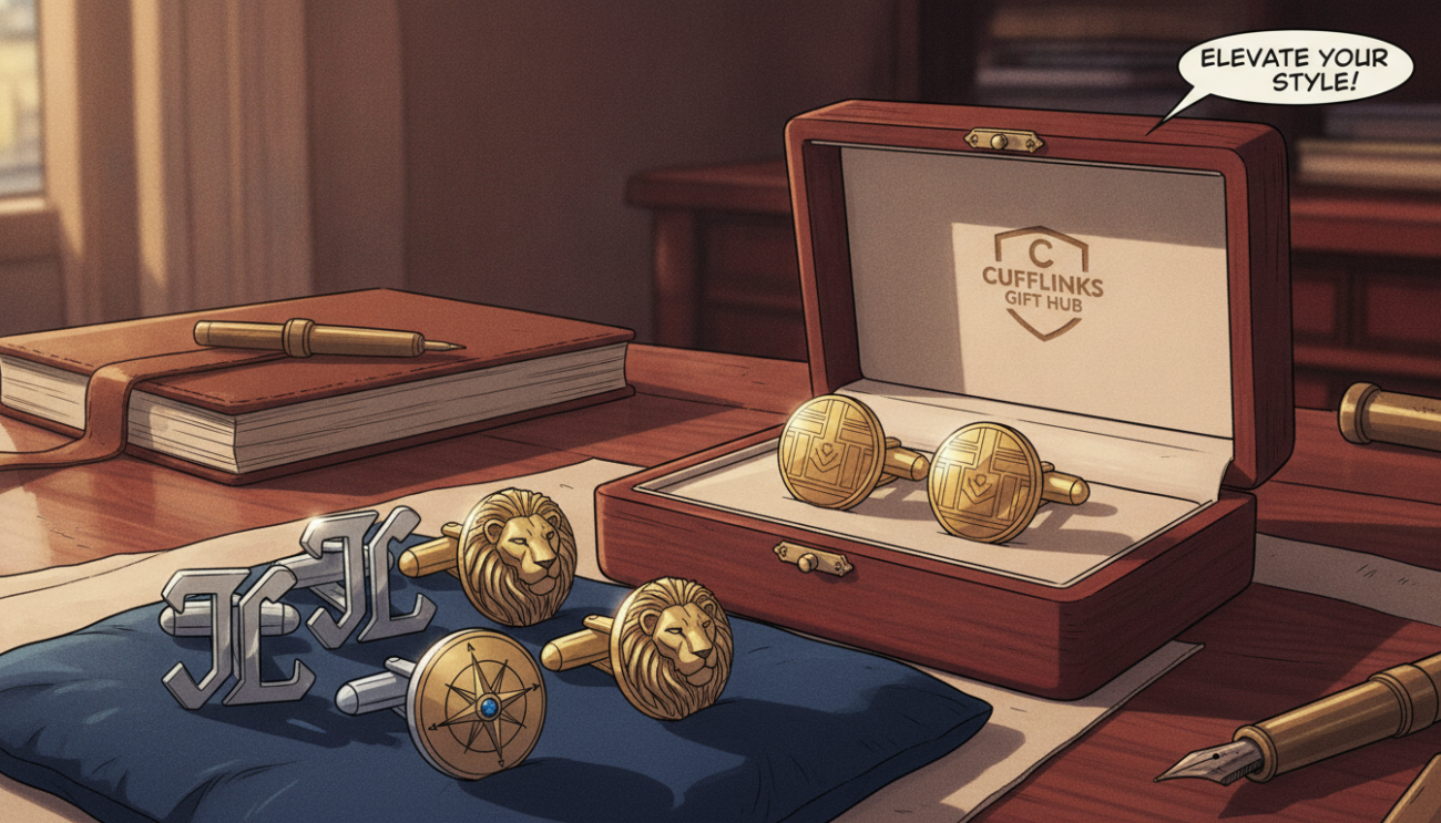 A beautifully arranged set of personalized cufflinks from "Cufflinks Gift Hub," prominently displayed in the foreground. Each cufflink showcases intricate designs, such as initials or unique motifs, reflecting luxury and craftsmanship. The middle ground features an elegant cufflink box, tastefully opened to highlight the shiny metal and detailed engravings. The background is softly blurred, depicting a rich, wooden desk with a subtle sheen, creating a warm, inviting atmosphere. Soft, natural lighting illuminates the cufflinks, enhancing their reflective surfaces while casting gentle shadows. The overall mood conveys sophistication and care, suitable for showcasing how to elevate a personal style through attention to detail. The angle captures a slightly above view, inviting the viewer to appreciate the artistry of these exquisite accessories.