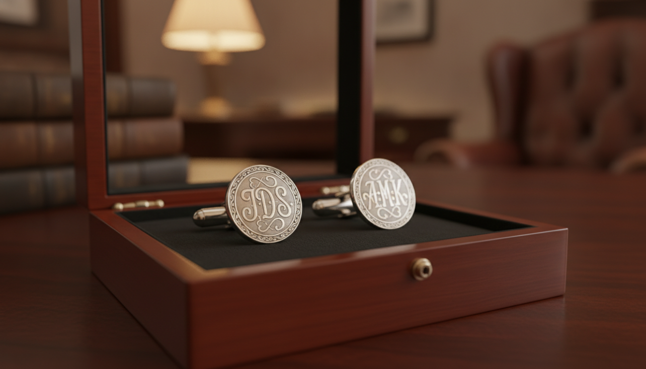 A beautifully crafted pair of custom cufflinks, featuring intricate personal engravings that reflect sophistication and individuality. The cufflinks are displayed prominently in the foreground, showcasing a polished silver finish with delicate patterns and initials engraved on their surfaces. In the middle ground, a softly blurred elegant wooden table set with a classic cufflink box adds depth, hinting at a refined atmosphere. The background consists of a tasteful, blurred out office setting with warm ambient lighting that enhances the luxurious feel of the scene. The mood conveys elegance and personalization, inviting the viewer to appreciate the artistry of custom jewelry. Use a shallow depth of field with a macro lens effect to focus on the details while gently softening the surrounding elements.