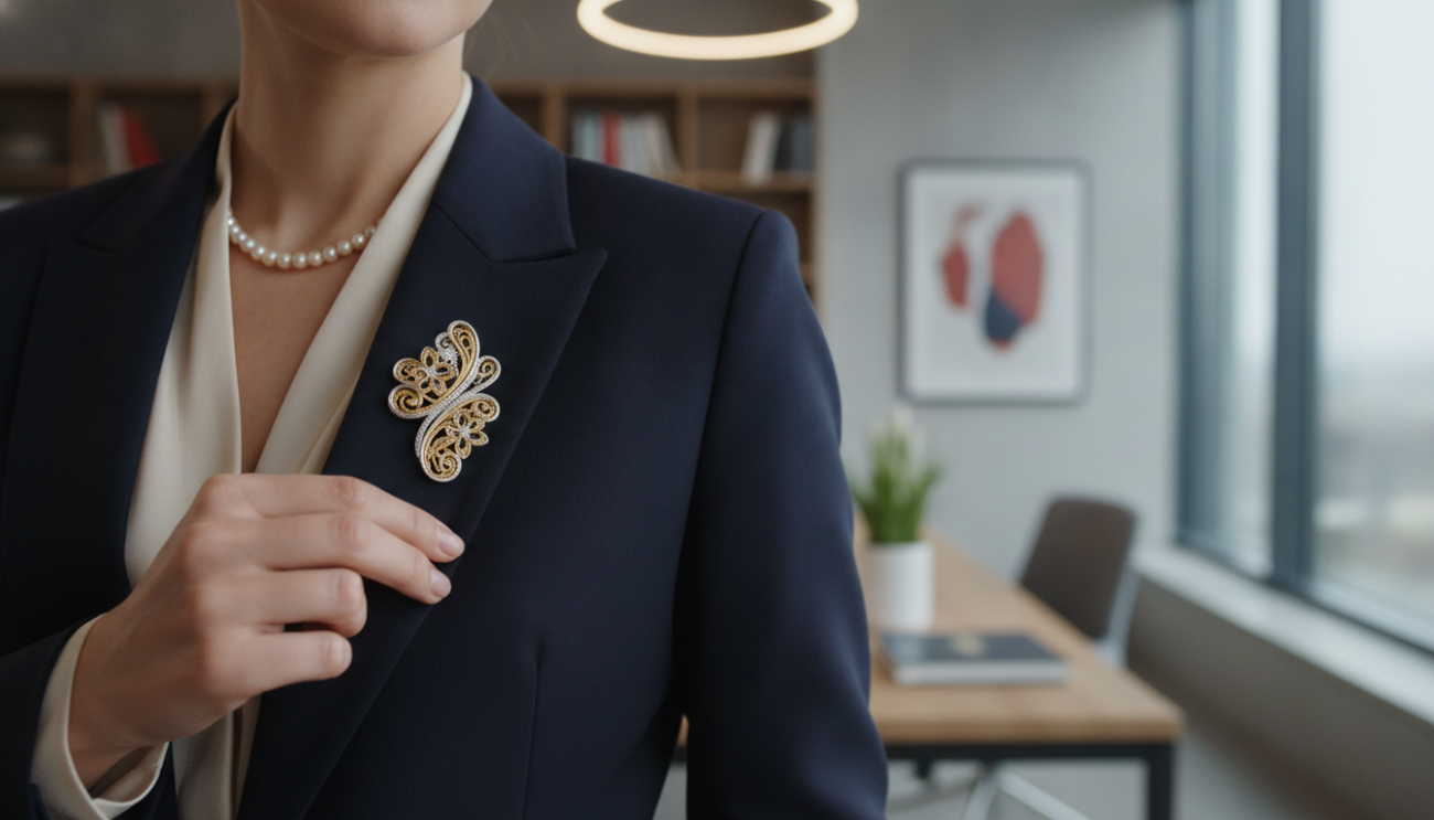 A beautifully designed unique suit pin, crafted from high-quality materials with intricate details and a touch of elegance, prominently displayed in the foreground. The pin features a combination of polished silver and gold accents, shaped into a modern floral design, emphasizing uniqueness and style. In the middle ground, a chic woman in a tailored, professional outfit exudes confidence, elegantly pinning the suit pin on her blazer lapel. The background is softly blurred, showcasing a sophisticated office environment with warm, ambient lighting that creates a professional atmosphere. The angle captures both the suit pin and the woman’s graceful posture, conveying a sense of timeless sophistication and style. The mood is inspiring, highlighting the importance of accessory details in women's professional fashion.