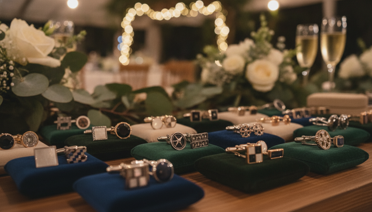 A beautifully set table showcasing an array of elegant cufflinks, surrounded by festive wedding party decor. In the foreground, a polished wooden table with a variety of cufflinks displayed on luxurious velvet cushions, glimmering under soft, warm lighting. The middle layer includes a tastefully arranged assortment of cufflink styles, highlighting differences in color, material, and design, symbolizing the choices available for groomsmen gifts. In the background, blurred wedding decorations like floral centerpieces and twinkling fairy lights create a celebratory atmosphere. The image should evoke a sense of sophistication and joy, capturing the thoughtful consideration of choosing the perfect gifts for groomsmen. Utilize a shallow depth of field to draw attention to the cufflinks while ensuring the background remains visually appealing and harmonious.