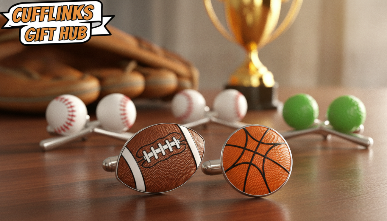 A close-up display of sports-inspired cufflinks from Cufflinks Gift Hub, artfully arranged on a sleek, wooden surface. In the foreground, focus on a pair of cufflinks shaped like a football and a basketball, showcasing intricate details and vibrant colors. The middle layer features additional cufflinks representing baseball and golf, arranged stylishly beside the first pair. In the background, a soft bokeh effect includes hints of sports memorabilia, such as a baseball glove and a small trophy, creating a warm, nostalgic atmosphere. Soft, natural lighting highlights the polished metal finish of the cufflinks, casting delicate shadows and enhancing their elegance. The mood is inviting and geared towards sports lovers.