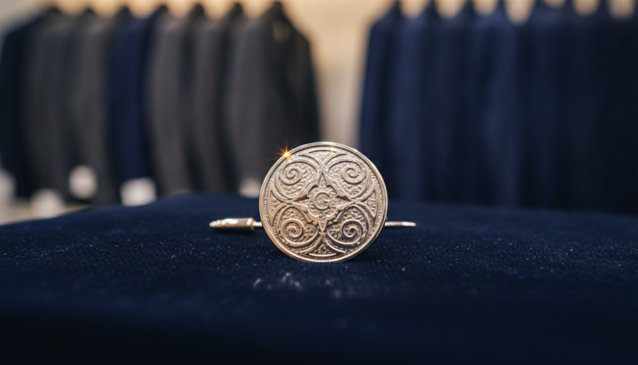 A close-up image of a premium suit pin, elegantly designed with a polished silver finish and intricate detailing. The pin should feature a distinctive design showcasing a textured surface that catches the light beautifully. In the foreground, the suit pin is placed on a soft, dark velvet cloth to enhance its luxurious appearance. Surrounding the pin, faint reflections characterize the surface, suggesting a high-end atmosphere. The background is softly blurred, featuring a hint of tailored suits on display, conveying a sense of sophistication and exclusivity. The lighting is warm and focused on the pin, creating an inviting glow that highlights its craftsmanship. Overall, the image should evoke a mood of timeless elegance and professionalism, perfect for discerning customers seeking quality.