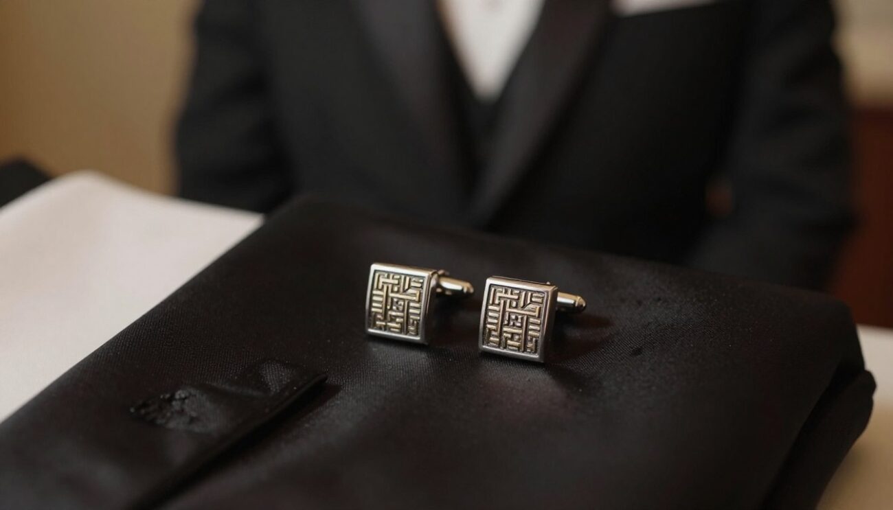 A close-up image of elegant classic cufflinks placed on a polished black tuxedo shirt. The cufflinks feature a blend of silver and gold tones, displaying intricate geometric patterns that catch the light. The shirt’s fabric is a luxurious satin, reflecting subtle highlights from soft, warm lighting, creating an intimate atmosphere. In the background, a blurry silhouette of a classic tuxedo jacket draped over a chair adds depth without distracting from the cufflinks. The composition is photographed from a slightly elevated angle, allowing a direct view of the cufflinks, while the lighting creates gentle shadows that accentuate their design. The mood is sophisticated and refined, perfect for a black tie event.