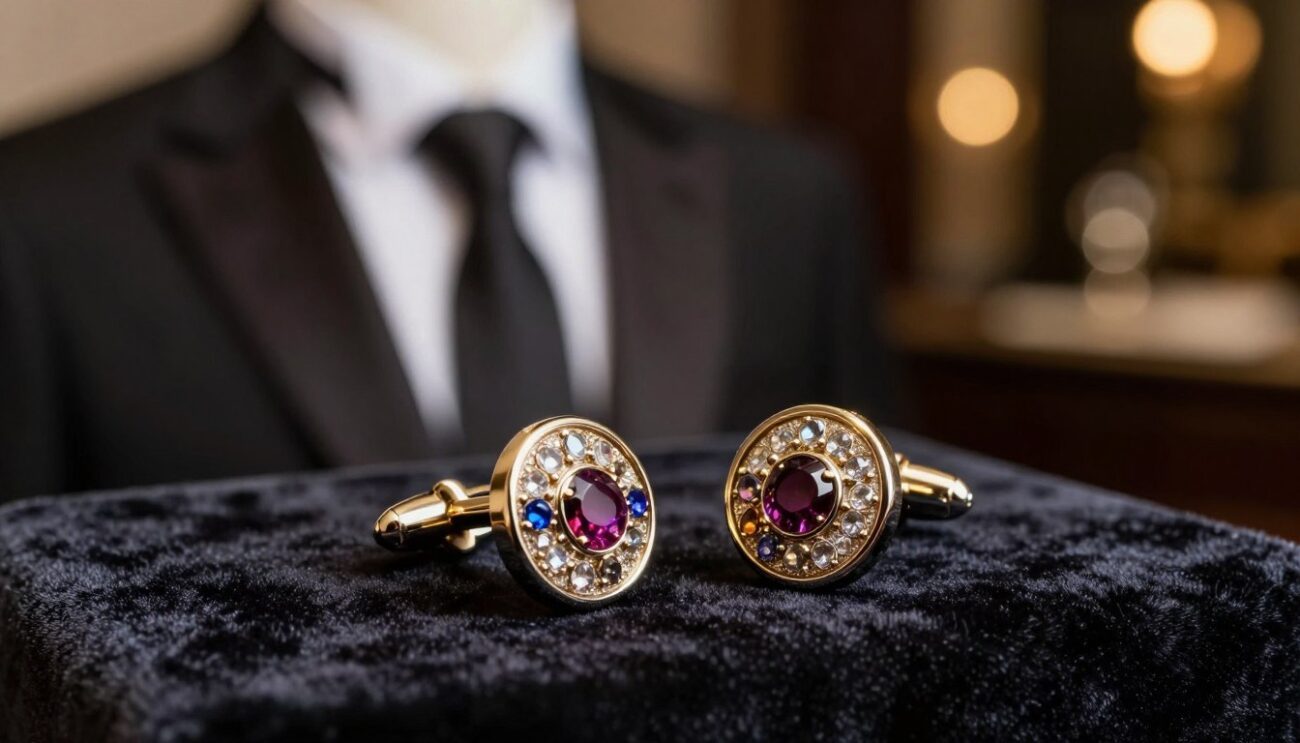 A close-up image of elegant designer cufflinks displayed prominently in the foreground, showcasing intricate details such as textured surfaces, jewel embellishments, and bold colors. The cufflinks should be resting on a rich, dark velvet fabric that enhances their luxurious appeal. In the middle ground, subtly blurred, place a sleek tuxedo shirt and tie suggesting a sophisticated attire, with soft golden lighting that accentuates the shimmer and brilliance of the cufflinks. The background is an elegantly dim setting resembling a classy event environment, with bokeh lights creating a warm and inviting atmosphere. The overall mood conveys sophistication, elegance, and modern style suitable for the modern gentleman's black tie event.