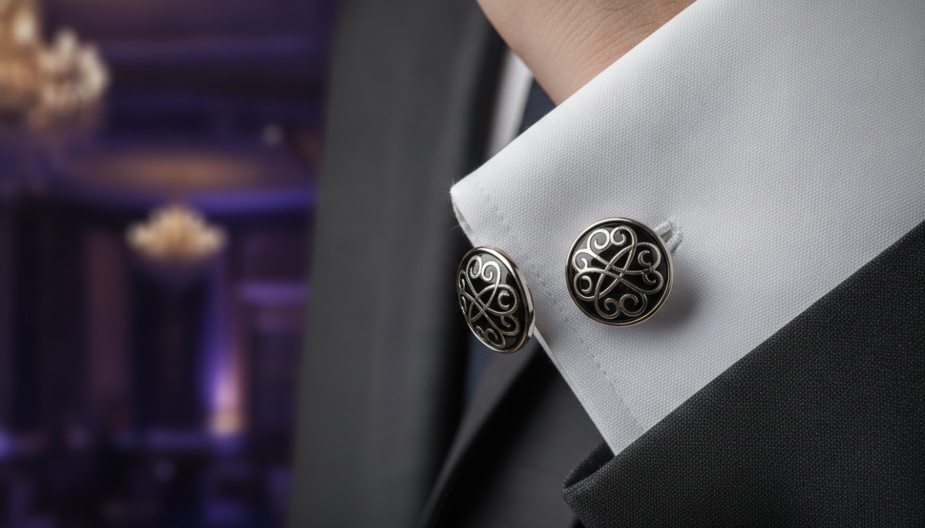 A close-up image of exquisite black tie cufflinks displayed elegantly on a crisp white shirt. The cufflinks are made of polished black onyx with intricate silver detailing that catches the light. The foreground features the cufflinks resting on the cuff of a formal shirt, showcasing their shine. The middle ground includes a blurred view of a luxury suit jacket, emphasizing the formal attire context. The background is softly focused, hinting at a rich, dark ambiance reminiscent of an upscale event venue. The lighting is warm and soft, creating an inviting atmosphere that highlights the elegance of formal accessories. The overall mood conveys sophistication and class, perfect for a formal black tie occasion.