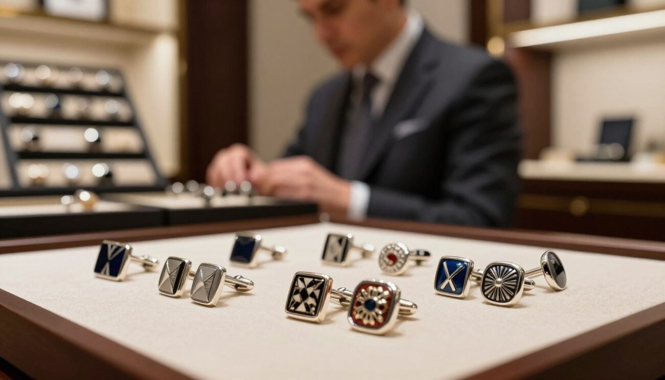 A close-up image showcasing a stylish presentation of high-quality cufflinks laid on an elegant cloth. In the foreground, focus on a selection of cufflinks with varying designs – classic silver, modern geometric styles, and intricate enamel patterns, highlighting their craftsmanship. The middle ground features a soft-focus display of a discerning shopper examining the cufflinks, dressed in a tailored business suit, to convey professionalism. The background should blur slightly but include a well-organized cufflink display rack in a sophisticated retail environment, with warm ambient lighting that gives a luxurious atmosphere. The overall mood reflects elegance and attention to detail, emphasizing the quality of cufflinks in the UK market.