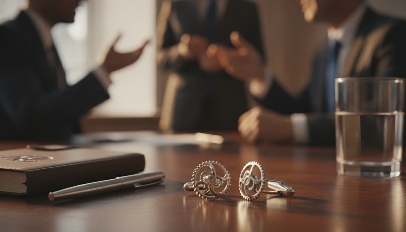A close-up of an elegant pair of cufflinks displayed prominently on a polished wooden desk, their intricate design glistening under soft, warm lighting. In the background, slightly blurred, are silhouettes of well-dressed professionals engaged in animated conversation, subtly indicating the cufflinks as conversation starters. The desk is adorned with subtle hints of a corporate environment: a stylish notebook, a sleek pen, and a faintly visible glass of water. The image should evoke a sophisticated atmosphere, highlighting the importance of cufflinks in making connections in a business setting. The lens should capture a shallow depth of field to emphasize the cufflinks while keeping the background soft and inviting. The overall mood should be professional yet relaxed, encouraging dialogue.