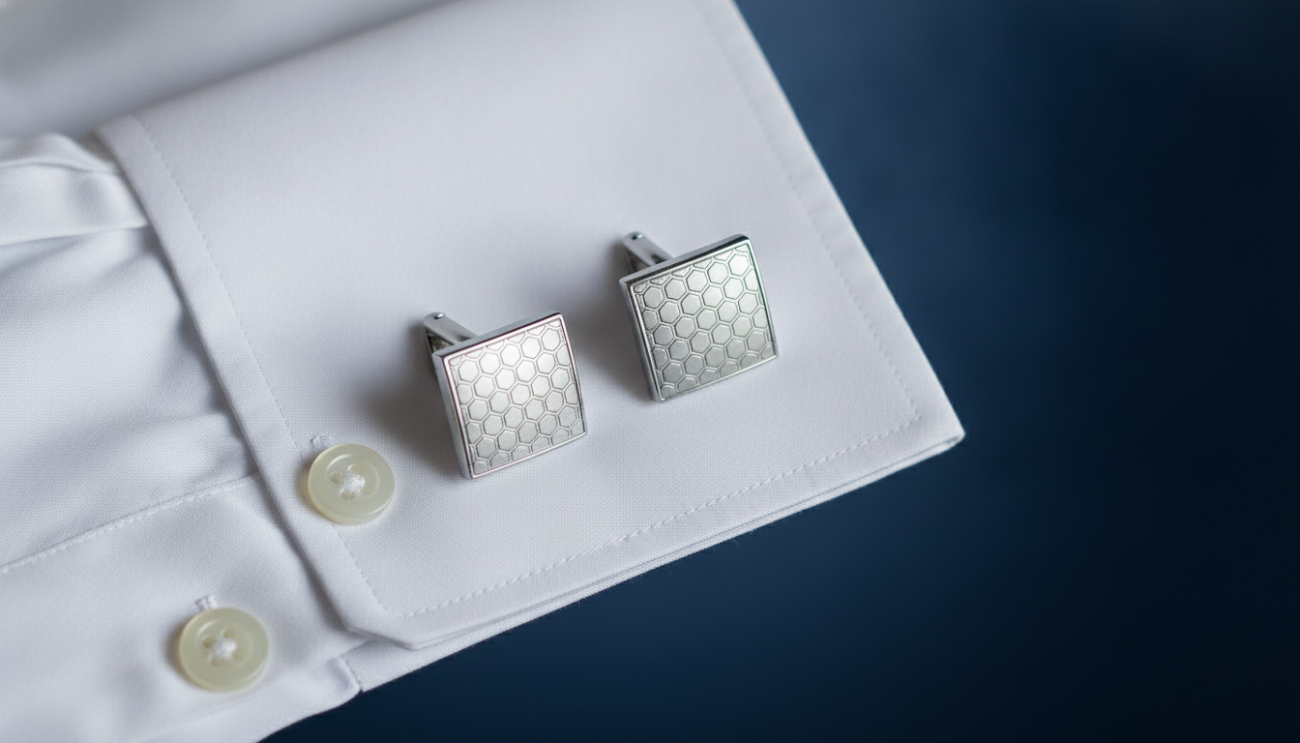 A close-up scene showcasing an elegant set of matching cufflinks alongside finely tailored shirt cuffs. The cufflinks are made of polished silver with intricate designs, featuring a subtle geometric pattern, resting against a crisp white dress shirt. The shirting fabric should have a slight sheen to emphasize its quality, highlighting the cuff's structured folds and buttons. Soft, diffused lighting creates a warm atmosphere, casting gentle shadows that add depth. The background is a blurred gradient of deep navy, evoking a sense of sophistication without distraction. The image captures the essence of style and refinement, ideal for illustrating popular cufflink designs and their suitability for various shirt cuffs.
