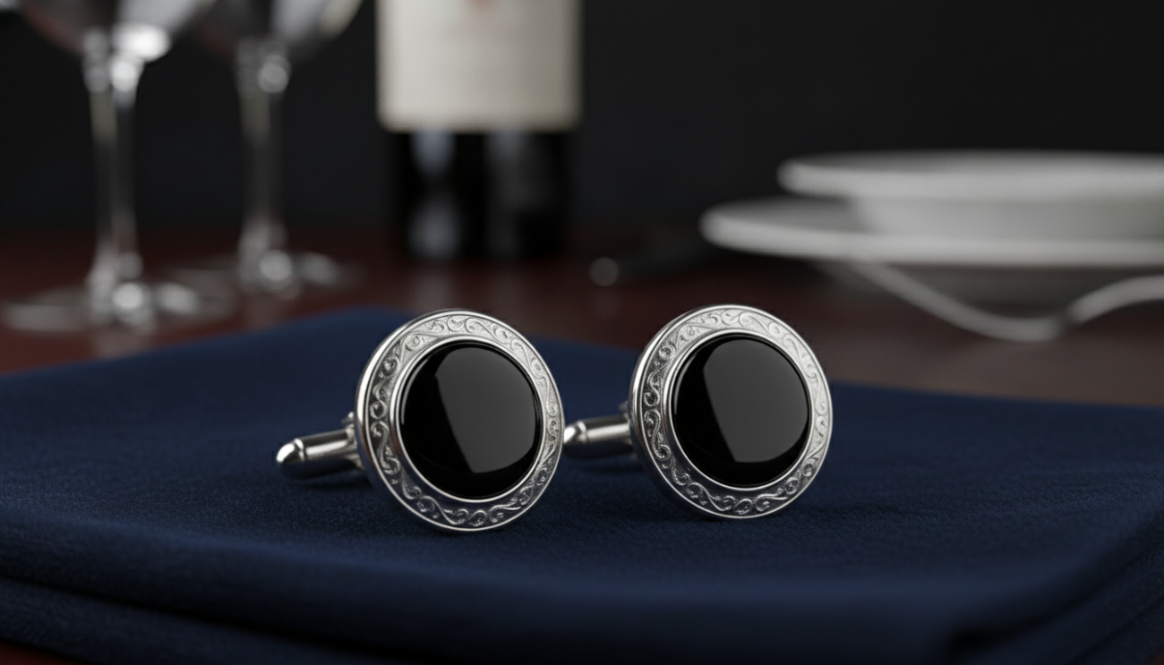 A close-up shot of luxurious cufflinks, meticulously crafted from polished silver and embellished with striking onyx inlays. The cufflinks are displayed elegantly on a soft, navy velvet fabric, accentuating their sophisticated design. Delicate details exhibit intricate engravings, adding a personal touch, symbolizing refinement and elegance. A gentle, diffused lighting casts a soft glow on the cufflinks, enhancing their shine and highlighting the craftsmanship. The background features a blurred, opulent setting of a formal dining table, hinting at an elegant black-tie event. The composition is shot with a macro lens, creating a sense of intimacy and detail. The mood conveys exclusivity and sophistication, perfect for a fashion-forward audience appreciating the art of personalized luxury.