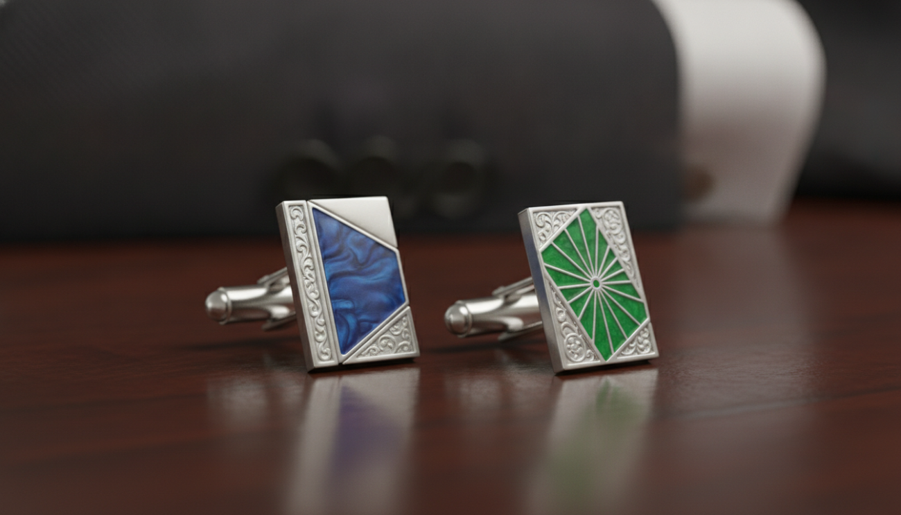 A close-up shot of stylish cufflinks displayed on a rich mahogany wood surface, illuminated by soft, diffused lighting that highlights their intricate design and materials. The cufflinks should feature a unique blend of modern and classic styles, showcasing polished silver and elegant enamel accents in deep blue and emerald green. In the background, blurred elements of a luxurious suit jacket and a crisp white dress shirt should subtly imply a high-end, professional setting, enhancing the cufflinks' sophistication. The overall mood is refined and elegant, inviting viewers to appreciate the craftsmanship and consider how these accessories can elevate personal style. The image composition should have a slight tilt for a dynamic perspective, with a focus on detail, no text or logos present.