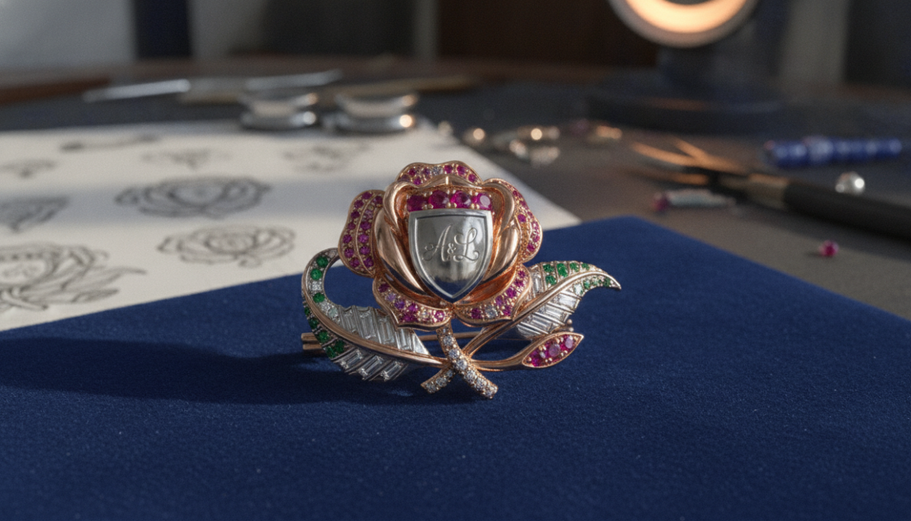 A close-up view of a bespoke lapel brooch, intricately designed with an elegant blend of precious metals and gemstones. The foreground showcases the brooch glistening under soft, diffused natural light, highlighting its craftsmanship and unique details, such as floral engravings and custom initials. In the middle, a velvet fabric serves as the backdrop, accentuating the luxury of the piece while adding a touch of texture. The background features subtle hints of a sophisticated workspace, with design sketches and tools artfully arranged, creating an atmosphere of creativity and precision in the design process. The overall mood is sophisticated and inviting, emphasizing the artistry behind personalized lapel pins.