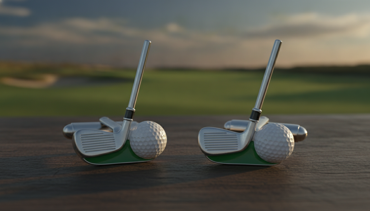 A close-up view of a pair of elegant Simon Carter enamel cufflinks designed in the shape of a golf club and golf ball. The cufflinks should be detailed with a glossy finish, showcasing vibrant green enamel for the grass, and a polished silver for the club, reflecting light elegantly. In the background, a soft-focus golf course scene with a rolling green fairway and a clear blue sky creates a serene atmosphere. Light should be warm and natural, imitating the golden hour, enhancing the richness of the cufflinks. The angle should highlight the craftsmanship, presenting the cufflinks on a simple wooden surface, emphasizing their luxury and appeal to golf fans. The mood is sophisticated yet playful, appealing to sports enthusiasts and fashion lovers alike.