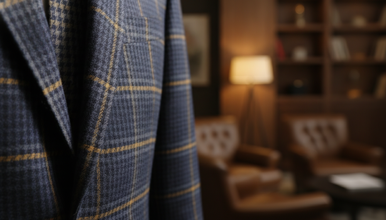 A close-up view of a stylish blazer lapel featuring intricate colour patterns, such as houndstooth or paisley, showcasing refined craftsmanship. The foreground highlights the richly textured fabric of the lapel, meticulously tailored with sharp notches and a polished finish. In the middle space, subtle folds of the blazer are visible, demonstrating the elegant drape that complements the lapel design. The background includes a softly blurred, sophisticated setting, like a luxurious office or upscale lounge, illuminated by warm, soft lighting that enhances the colours and textures. The overall mood conveys a sense of confidence and sophistication, inviting viewers to appreciate the artistry of high-quality tailoring. The angle captures the lapel from a slight tilt, allowing for an engaging perspective.