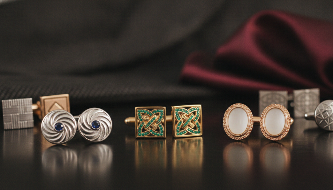 A close-up view of elegant cufflinks showcasing various shapes and intricate designs, each reflecting sophistication suitable for formal events in the UK. The foreground features a selection of cufflinks, including round, square, and oval shapes adorned with subtle gemstones and polished metals. The middle background includes soft-focus textures of high-quality fabrics like silk and wool, hinting at tailored suits. Gentle, warm lighting highlights the cufflinks' gleam, casting delicate shadows that add depth. The overall atmosphere is classy and refined, perfect for a formal setting, with a shallow depth of field to draw attention to the cufflinks. The scene is devoid of any text or logos, ensuring a pure focus on the cufflink designs.