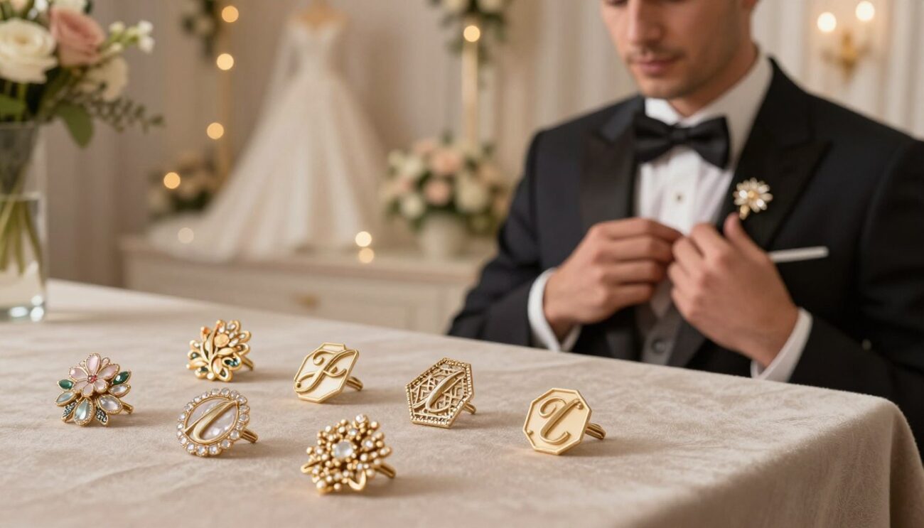 A collection of unique wedding lapel pin accessories displayed elegantly on a plush, neutral-toned fabric surface. In the foreground, a variety of exquisite lapel pins featuring intricate designs like floral motifs, geometric shapes, and personalized initials, each gleaming under soft, warm lighting to highlight their craftsmanship. In the middle ground, a stylish, professionally attired man, pictured from the shoulders up, with a sophisticated expression, is gently adjusting a lapel pin on his blazer, emphasizing its importance in wedding attire. The background features a soft-focus display of wedding-themed decor, such as subtle floral arrangements and twinkling fairy lights, creating a romantic ambiance. The entire scene promotes an atmosphere of elegance and celebration, sourced from Cufflinks Gift Hub, showcasing high-quality accessories for special occasions.
