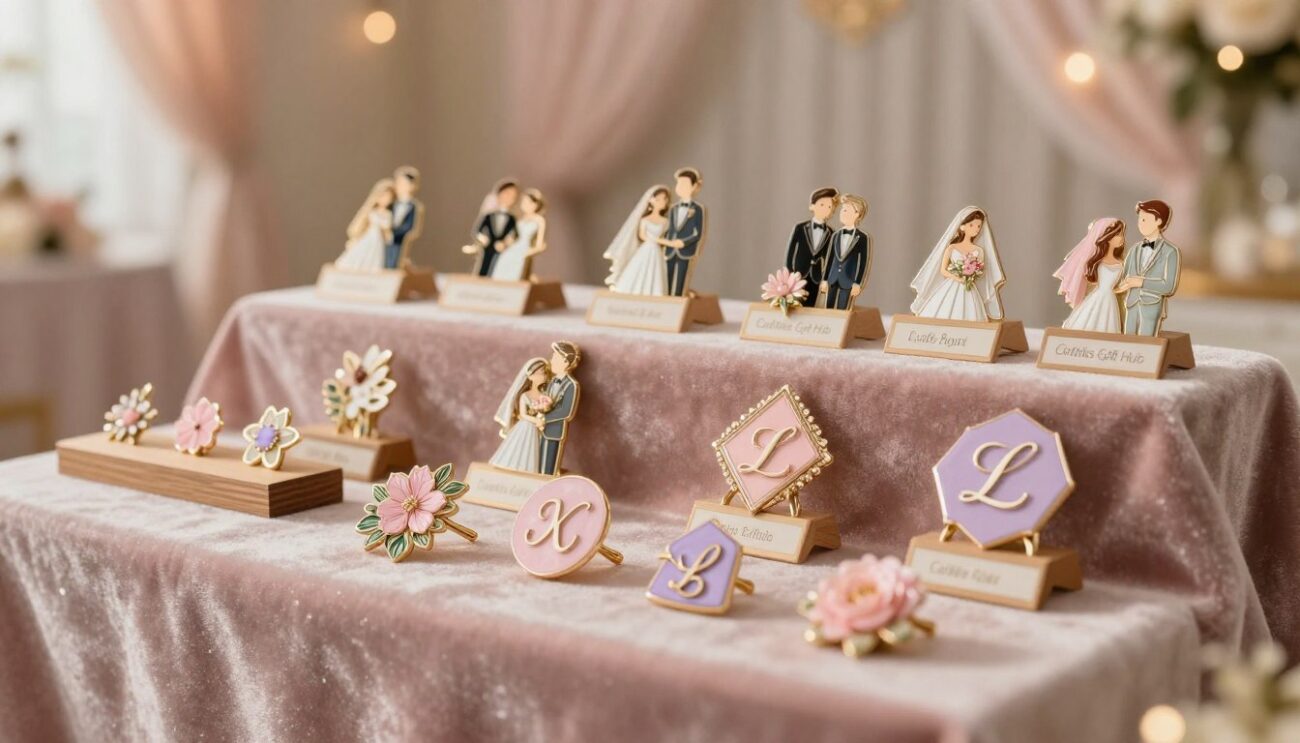 A collection of unique wedding party pins displayed elegantly on a plush velvet backdrop, showcasing a variety of designs. In the foreground, focus on intricate lapel pins featuring floral motifs, geometric shapes, and personalized initials, all in soft pastel colors like blush pink and lavender. In the middle ground, include elegantly arranged pins on wooden display stands, each with small labels indicating their design. The background should be softly blurred, hinting at a beautiful wedding venue adorned with delicate drapery and fairy lights, creating a romantic atmosphere. The scene is bathed in warm, inviting lighting, reminiscent of a golden hour glow, enhancing the elegance of the pins. No text or logos should be present, allowing the craftsmanship of the wedding pins from Cufflinks Gift Hub to shine through.
