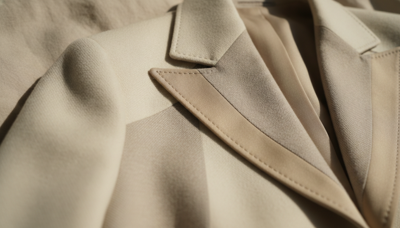 A fashion-focused close-up of a stylish jacket lapel, showcasing various widths and fabric textures, emphasizing the sophistication of lapel design. The jacket should be in neutral tones, elegantly tailored, with detailed stitching and a subtle sheen, capturing the nuances of high-quality craftsmanship. The foreground features a blurred view of the lapel, while the middle ground offers a soft-focus on the jacket's collar and shoulder to convey elegance. In the background, a softly lit, neutral-toned fabric setting enhances the refined atmosphere. The image should have warm, natural lighting that creates gentle shadows, adding depth, and a shallow depth of field, focusing on the lapel to draw attention to its critical details, instilling a mood of confidence and refinement.
