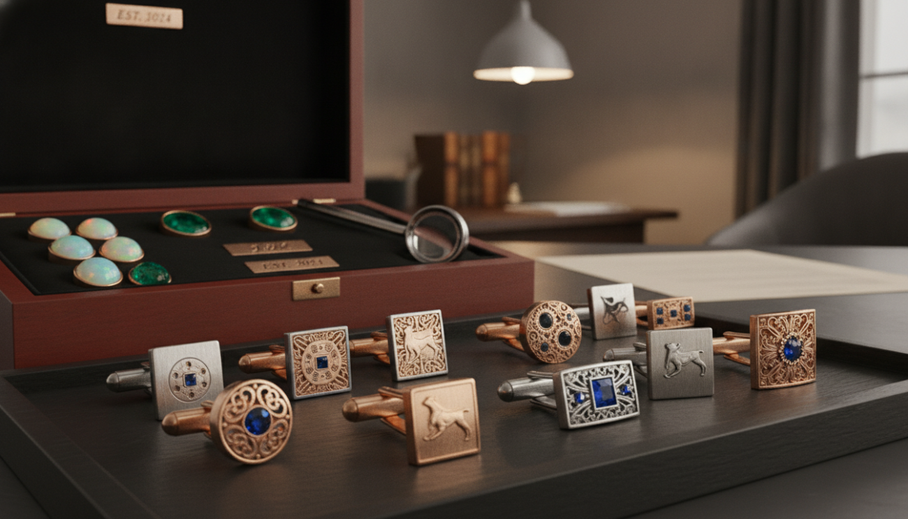 A luxurious display of bespoke cufflinks in a sophisticated setting, showcasing both bullet back and whale back styles. The foreground features a close-up of these cufflinks, emphasizing their intricate designs, textures, and a shiny, polished finish. In the middle ground, an elegant wooden display box partially opened reveals additional customizable options like gemstones and engravings. The background is softly blurred, hinting at a tastefully decorated office environment, with warm pendant lighting accentuating the gleam of the metal. The atmosphere is one of refinement and exclusivity, evoking a sense of craftsmanship and personal luxury. The scene captures the essence of high-end customization options for cufflinks without any extraneous details or distractions.