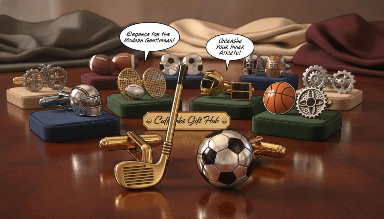 A luxurious display of designer cufflinks by "Cufflinks Gift Hub" showcased on a polished wooden surface. In the foreground, focus on an exquisite pair of cufflinks shaped like vintage sports equipment, such as a golf club and a soccer ball, crafted from high-quality materials with intricate detailing and a glossy finish. The middle ground features a selection of various cufflink designs, each representing different sports themes, arranged elegantly. In the background, softly blurred, hints of luxurious fabric in muted tones evoke sophistication. The scene is illuminated by warm, soft lighting that highlights the metallic gleam of the cufflinks, creating an inviting atmosphere. The angle should be slightly above the cufflinks, capturing their elegance and unique craftsmanship. The overall mood is one of sophistication and refined taste, perfect for a premium accessory.