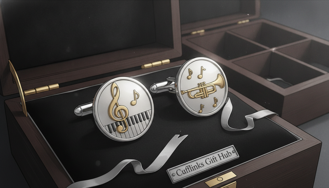 A luxurious pair of musician cufflinks displayed prominently on a sleek black velvet surface. The cufflinks feature intricate designs of musical notes and instruments, such as a treble clef and a small trumpet, crafted from polished silver and contrasting gold accents. Soft, diffused lighting highlights the shine and details of the cufflinks, creating an elegant ambiance. In the background, a softly blurred image of a well-curated jewelry box adds a sophisticated touch without distracting from the main subject. The composition is shot from a slight angle, emphasizing depth and the craftsmanship of the cufflinks. The overall mood is refined and upscale, perfectly representing a premium music-themed gift. Cufflinks Gift Hub branding subtly incorporated in the scene.