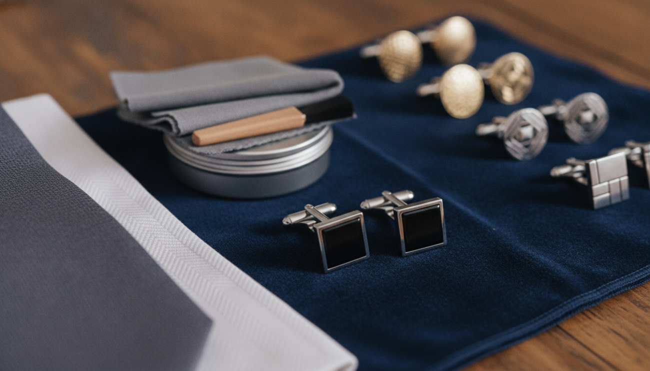 A meticulously arranged flat lay of elegant black tie cufflinks, featuring a variety of exquisite designs such as geometric shapes and classic motifs, made from polished silver and gold. In the foreground, showcase a pair of cufflinks displayed on a sleek, dark velvet fabric, complemented by a luxurious silk tie and a finely woven dress shirt. In the middle, include a well-organized care kit with microfiber cloths, a small brush, and a polished container. The background consists of a soft-focus wood grain surface, enhancing the overall sophistication of the scene. The lighting is warm and inviting, emphasizing the shine of the metals, captured with a shallow depth of field from a close angle to create an intimate yet elegant atmosphere.