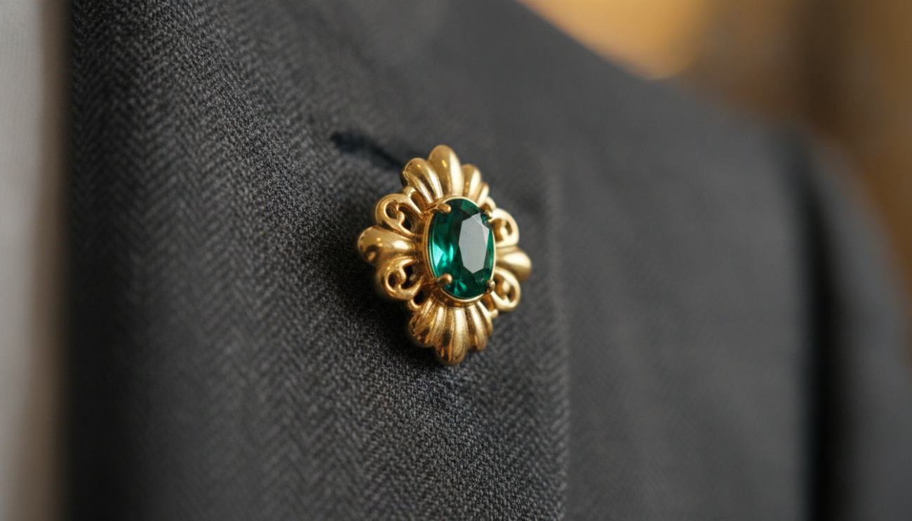 A meticulously crafted blazer lapel pin, featuring an elegant design with intricate details, positioned prominently in the foreground. The pin glistens with a polished gold finish and is adorned with a small, vibrant gemstone in the center, symbolizing sophistication and premium quality. In the middle, a finely tailored blazer with a subtle texture showcases the lapel, where the pin is affixed, demonstrating how it complements the attire. The background is softly blurred to emphasize the pin and blazer, using warm, inviting lighting that adds depth and richness to the scene. Shot with a macro lens at a slight angle, the overall mood is refined and elegant, capturing the essence of luxury and care in maintaining the lapel pin's pristine appearance.