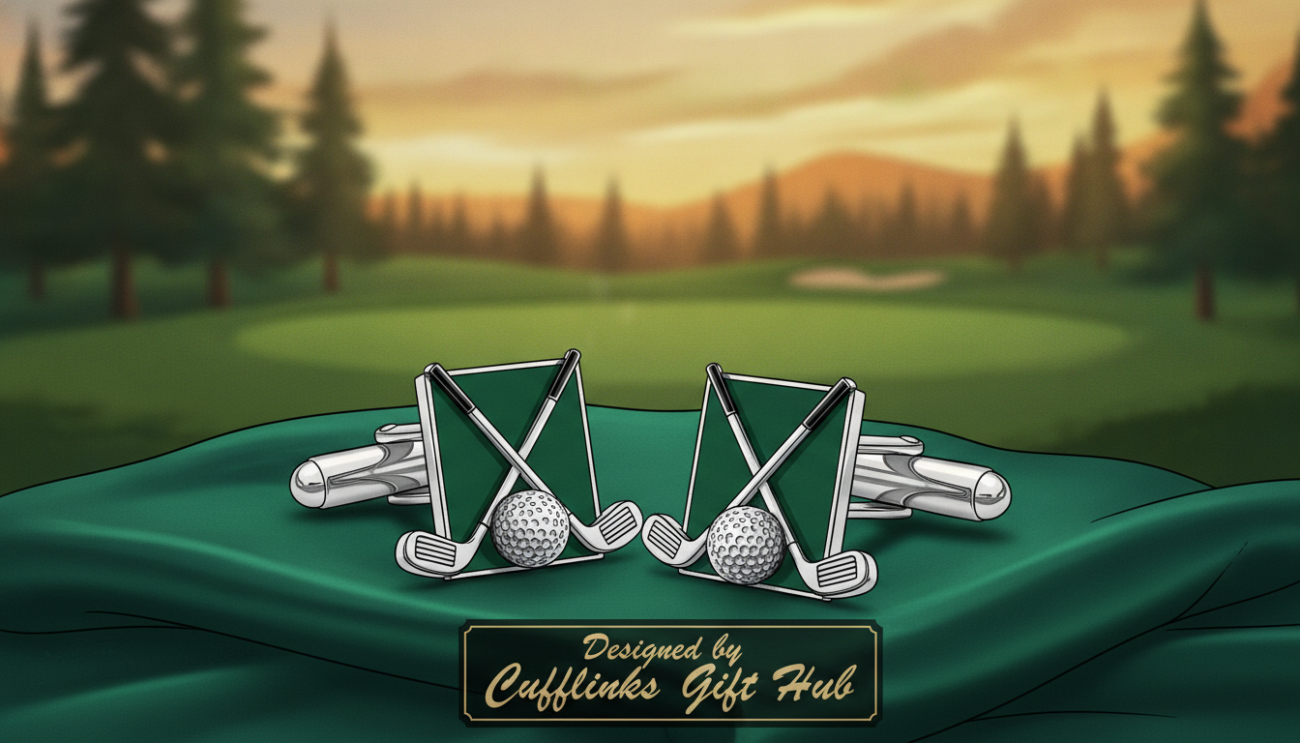 A pair of elegant golf-themed cufflinks prominently displayed in the foreground, featuring intricate designs like tiny golf clubs and golf balls, crafted from polished silver and with vibrant green enamel accents. These custom cufflinks rest on a soft, velvety fabric that adds a touch of luxury. In the middle ground, a subtle hint of a golf course is visible, with blurred silhouettes of trees and a well-manicured green. The background showcases a softly glowing light that simulates a golden hour ambiance, providing warmth and inviting charm. The mood is sophisticated yet personal, perfect for a golf enthusiast. The image should be crisp and clear, captured from a slightly elevated angle to emphasize the cufflinks’ details. Designed by Cufflinks Gift Hub.