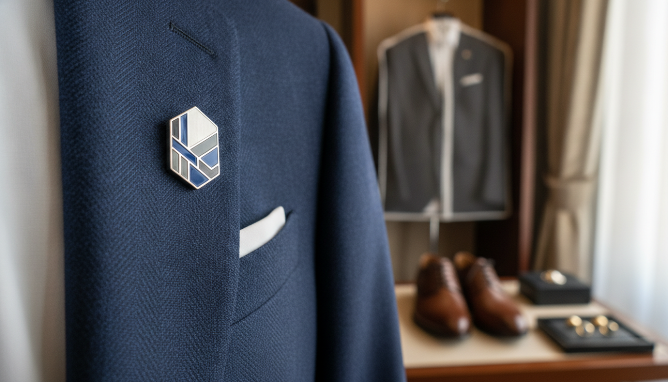 A polished and elegant men's fashion pin prominently displayed in the foreground, showcasing its intricate design and craftsmanship, which includes a mix of brushed metal and subtle enamel accents. The middle ground features a tailored, dark navy suit jacket partially open to reveal a crisp, white shirt inside, demonstrating how the pin complements professional attire. In the background, a softly blurred luxury dressing room, complete with a hanging suit and plush accessories such as a leather shoe and cufflinks, sets an upscale atmosphere. The lighting is warm and inviting, accentuating the textures of the pin and fabric, and shot at a slight angle to create depth and a sophisticated feel. This composition conveys a sense of timeless sophistication appropriate for men's fashion.