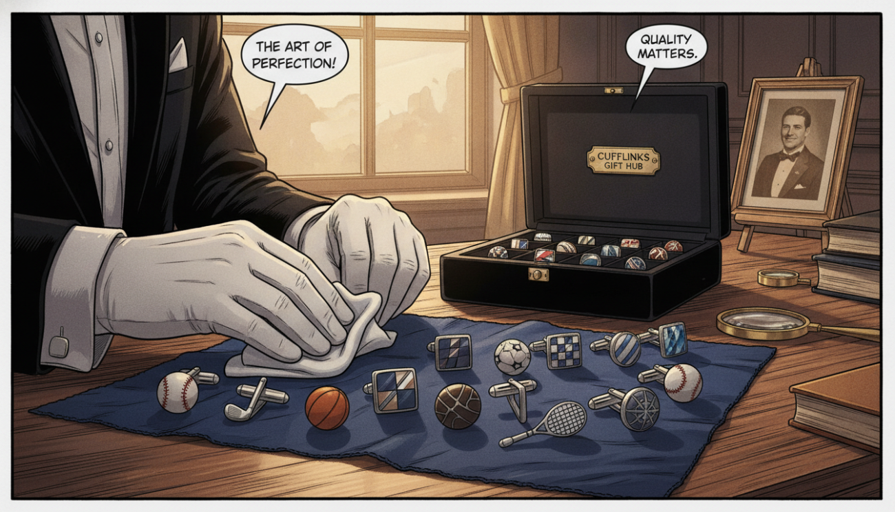 A polished wooden surface showcases an elegant array of premium sports cufflinks, meticulously arranged for care and maintenance. In the foreground, a pair of hands dressed in professional business attire gently cleans the cufflinks with a soft cloth, emphasizing attention to detail. The middle layer features a stylish jewelry box partially open, revealing more cufflinks with varied designs, hinting at sophistication and taste. In the background, a well-lit workspace with tasteful decorative elements, like a framed photo of a dapper gentleman, creates a refined atmosphere. Soft, natural light streams in from a nearby window, casting delicate shadows. The image conveys a sense of care, luxury, and meticulousness, capturing the essence of "Cufflinks Gift Hub."