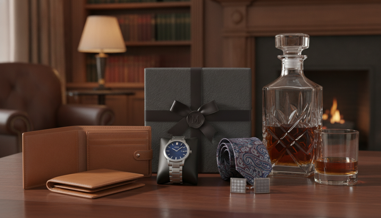 A refined setting showcasing an elegant arrangement of luxury gifts for men, designed to appeal to the modern gentleman. The foreground features a beautifully crafted leather wallet, a sleek stainless steel watch, and a fine whiskey decanter set. In the middle, there’s a tastefully wrapped gift box with rich, textured paper and an elegant ribbon, accompanied by a stylish tie and cufflinks. The background features a softly blurred wooden table within a sophisticated study, with warm, ambient lighting highlighting the gifts and casting gentle shadows. The mood is one of opulence and refinement, evoking a sense of thoughtfulness and exclusivity, captured with a shallow depth of field and soft focus, creating an inviting atmosphere.