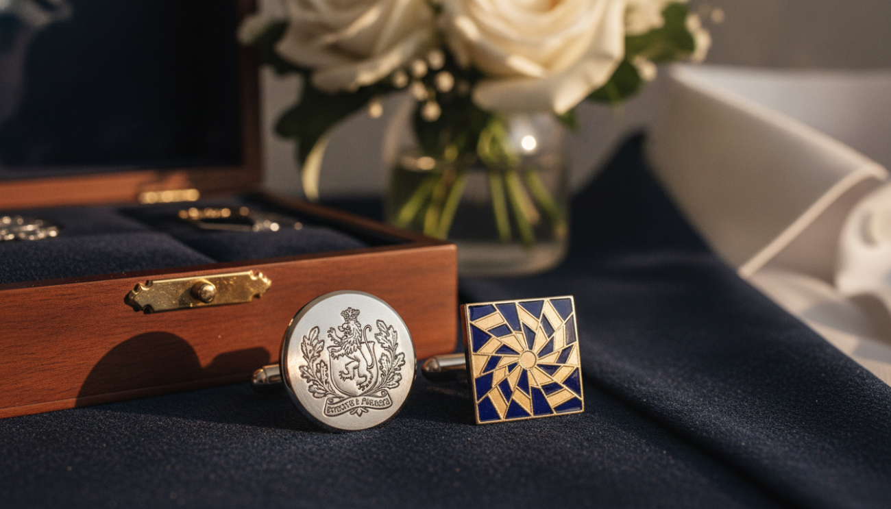 A set of unique cufflinks displayed prominently in the foreground, showcasing intricate designs. One cufflink features a detailed family crest etched into polished silver, while another showcases a vibrant enamel design with a geometric pattern in deep blue and gold hues. The middle ground includes a soft, elegant wooden box partially open, revealing rich velvet lining that enhances the luxurious feel. In the background, a blurred image of a beautifully arranged bouquet of flowers and a subtle hint of a stylish, formal shirt collar can be seen, all under warm, gentle lighting that creates a sophisticated atmosphere. The composition should convey a sense of elegance and personalization for special occasions, captured at eye level to emphasize detail and craftsmanship.